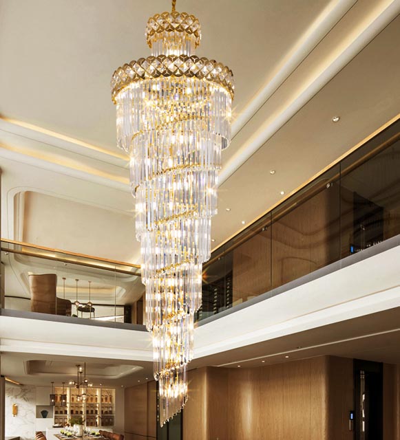 Lustre tout en cristal escalier de villa créatif suspendu personnalisation lustres led